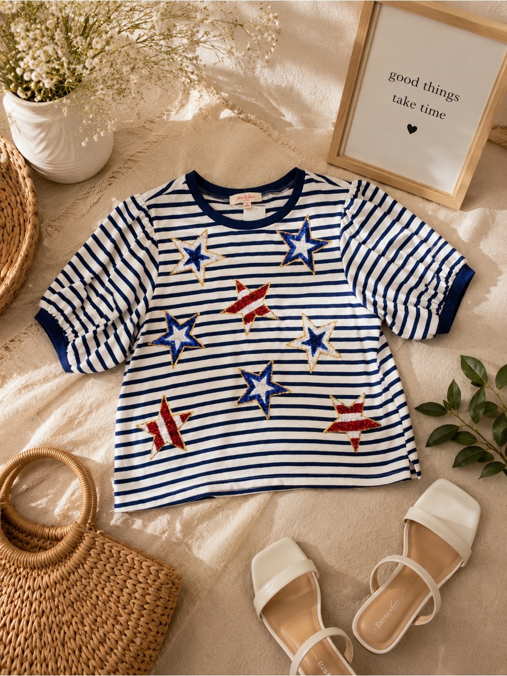 Fourth of July Navy & White Striped Sequin Star Tee